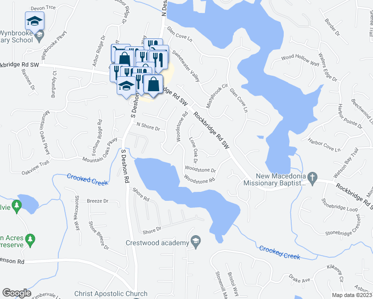 map of restaurants, bars, coffee shops, grocery stores, and more near 593 Lone Oak Drive in Lithonia