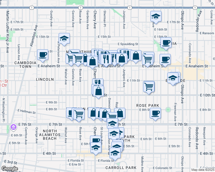 map of restaurants, bars, coffee shops, grocery stores, and more near 1061 Dawson Avenue in Long Beach