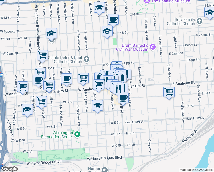 map of restaurants, bars, coffee shops, grocery stores, and more near 215 West Anaheim Street in Los Angeles