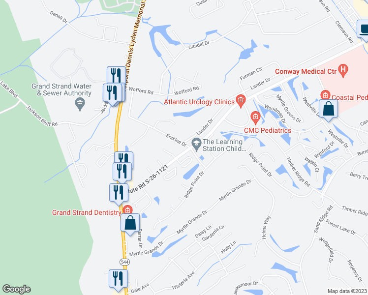 map of restaurants, bars, coffee shops, grocery stores, and more near 138 Erskine Drive in Conway
