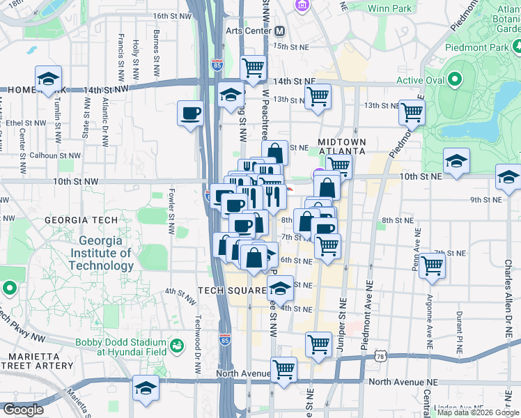 map of restaurants, bars, coffee shops, grocery stores, and more near 950 West Peachtree Street Northwest in Atlanta