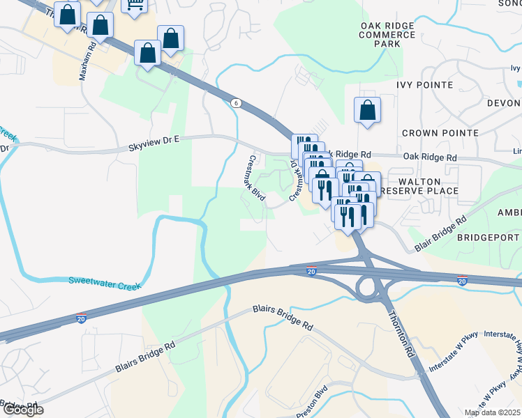 map of restaurants, bars, coffee shops, grocery stores, and more near 945 Crestmark Boulevard in Lithia Springs