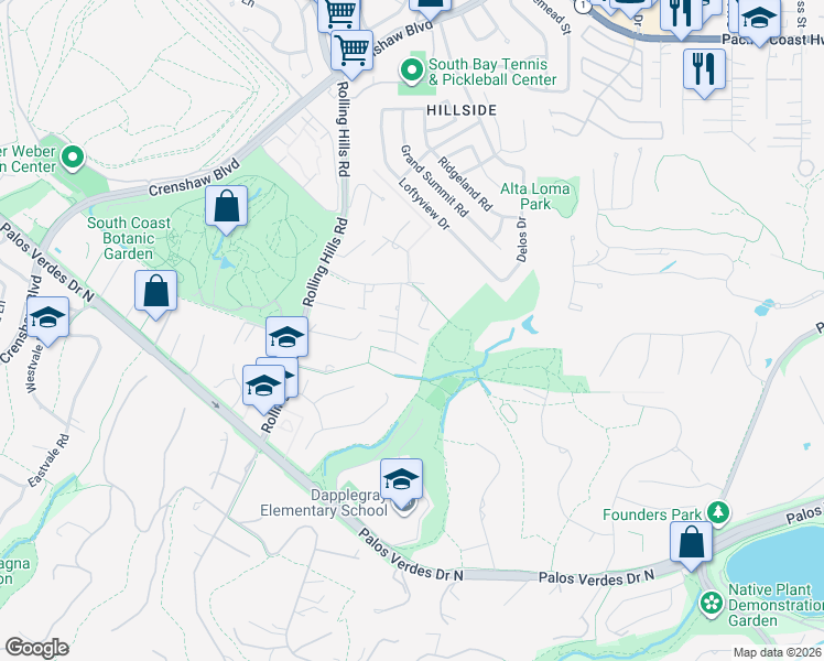 map of restaurants, bars, coffee shops, grocery stores, and more near 47 Empty Saddle Road in Rolling Hills Estates