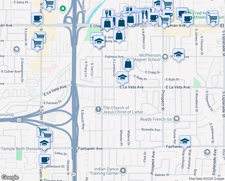 map of restaurants, bars, coffee shops, grocery stores, and more near 531 South Loretta Drive in Orange