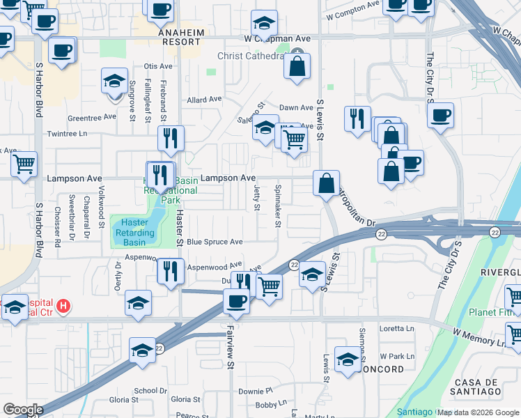 map of restaurants, bars, coffee shops, grocery stores, and more near 12611 Jetty Street in Garden Grove