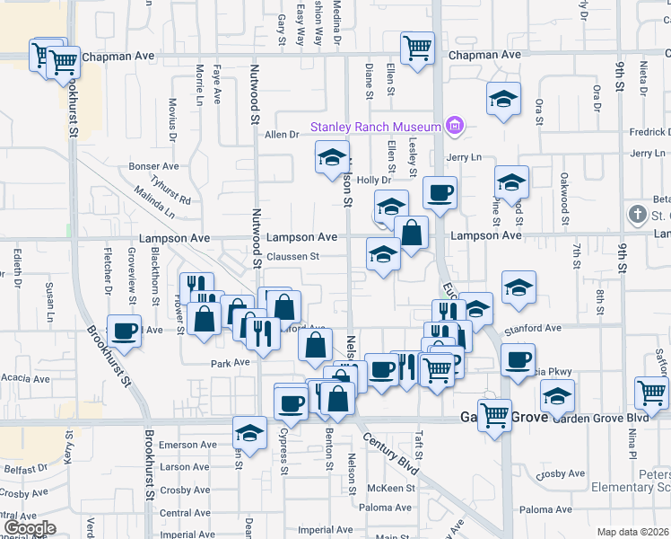 map of restaurants, bars, coffee shops, grocery stores, and more near 10671 Vienna Drive in Garden Grove