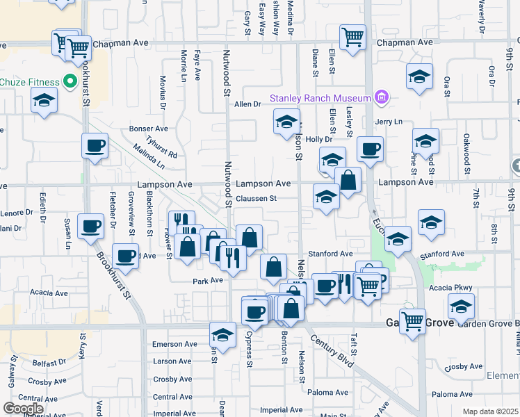 map of restaurants, bars, coffee shops, grocery stores, and more near 10560 Lakeside Drive North in Garden Grove