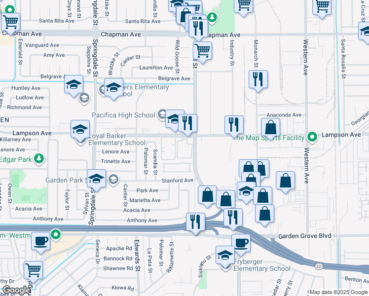 map of restaurants, bars, coffee shops, grocery stores, and more near 12572 Fieldstone Lane in Garden Grove