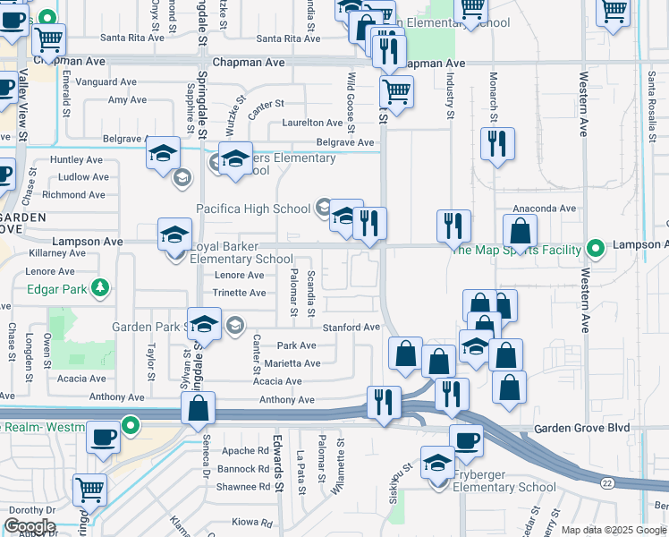 map of restaurants, bars, coffee shops, grocery stores, and more near 6846 Coral Gum Court in Garden Grove