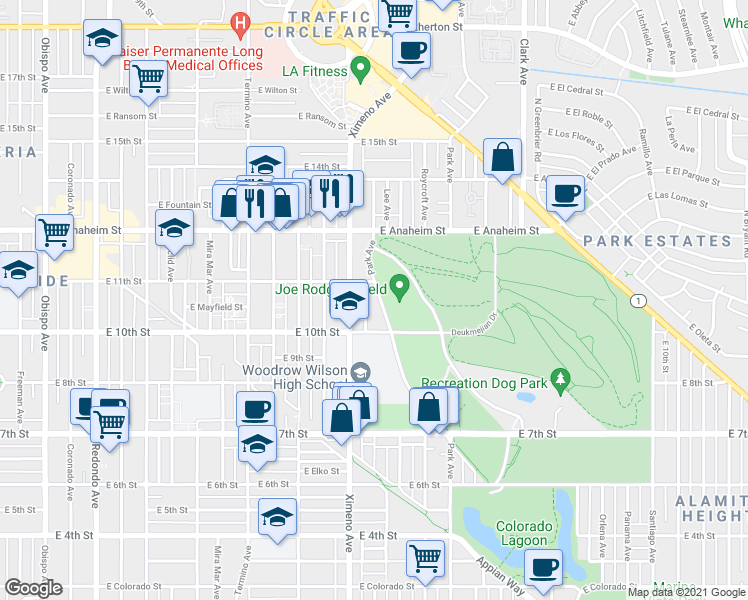 map of restaurants, bars, coffee shops, grocery stores, and more near 1040 Park Avenue in Long Beach
