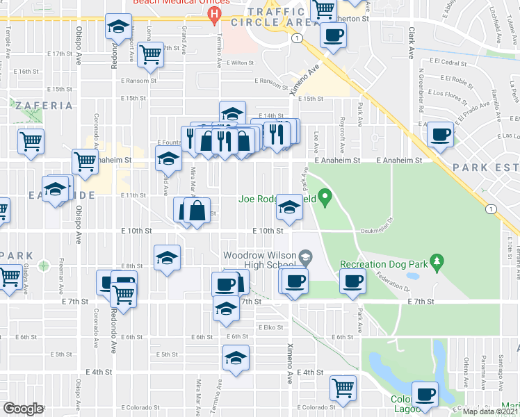 map of restaurants, bars, coffee shops, grocery stores, and more near 1049 Bennett Avenue in Long Beach