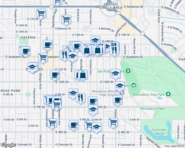 map of restaurants, bars, coffee shops, grocery stores, and more near 1053 Termino Avenue in Long Beach