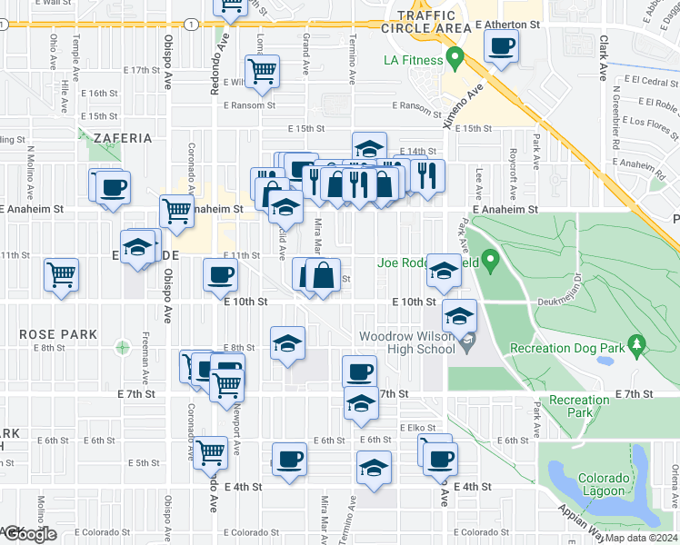 map of restaurants, bars, coffee shops, grocery stores, and more near 1053 Termino Avenue in Long Beach