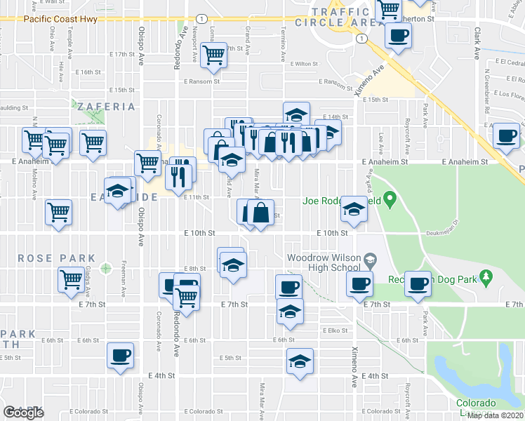 map of restaurants, bars, coffee shops, grocery stores, and more near 1057 Mira Mar Avenue in Long Beach