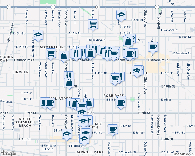map of restaurants, bars, coffee shops, grocery stores, and more near 1051 Stanley Avenue in Long Beach