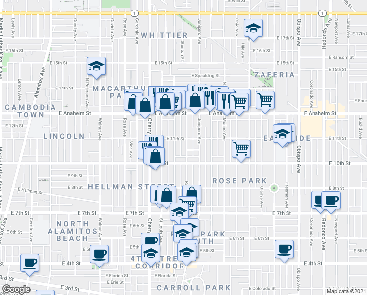map of restaurants, bars, coffee shops, grocery stores, and more near 2315 East Vera Court in Long Beach