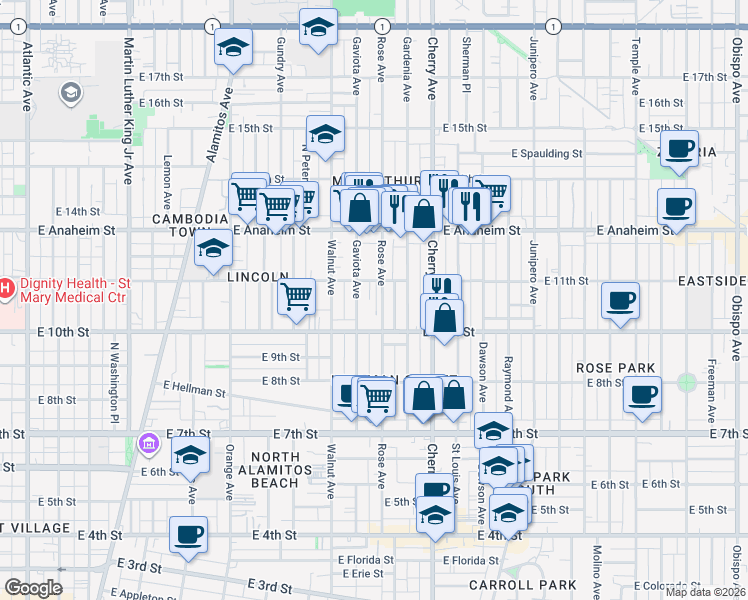 map of restaurants, bars, coffee shops, grocery stores, and more near 1054 Minerva Park in Long Beach