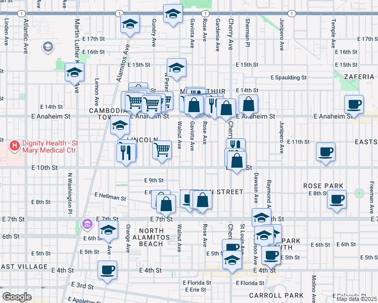 map of restaurants, bars, coffee shops, grocery stores, and more near 1056 Walnut Avenue in Long Beach