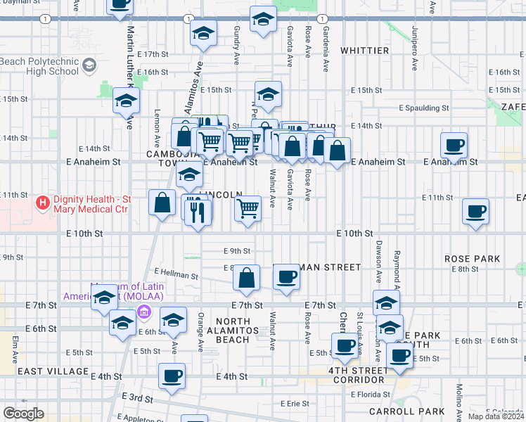 map of restaurants, bars, coffee shops, grocery stores, and more near 1503 East Sunshine Court in Long Beach