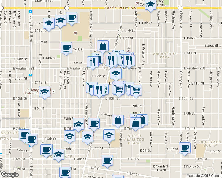 map of restaurants, bars, coffee shops, grocery stores, and more near 1053 Cerritos Avenue in Long Beach
