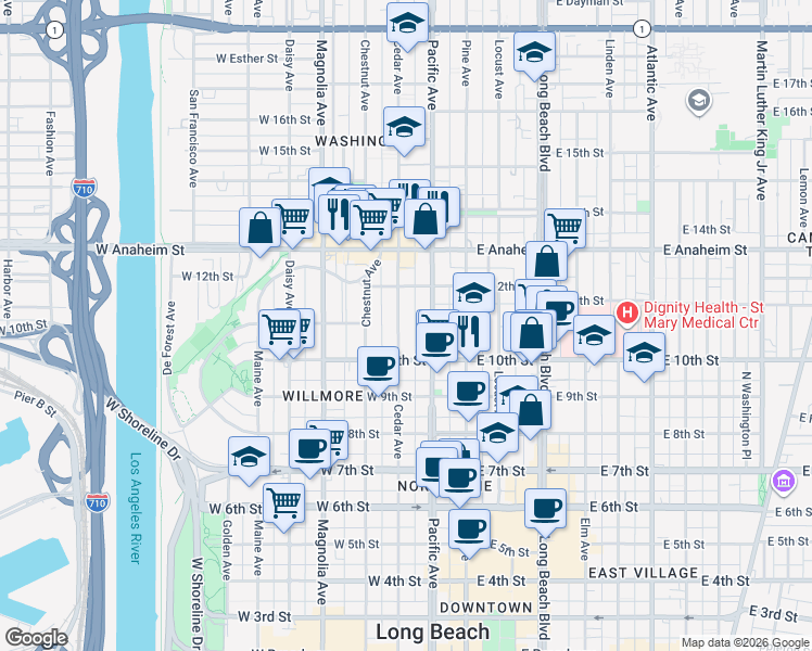 map of restaurants, bars, coffee shops, grocery stores, and more near 1053 Cedar Avenue in Long Beach