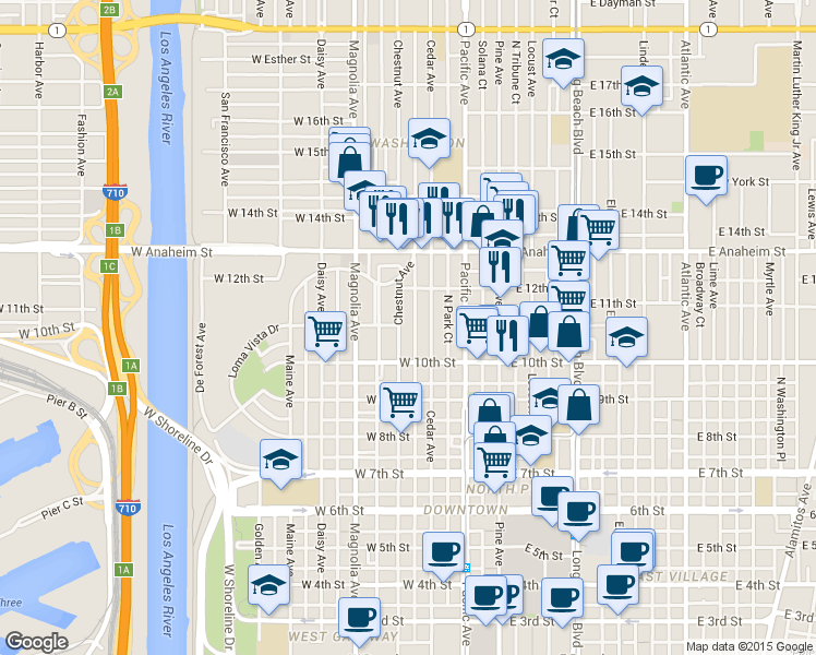 map of restaurants, bars, coffee shops, grocery stores, and more near 1051 Cedar Avenue in Long Beach