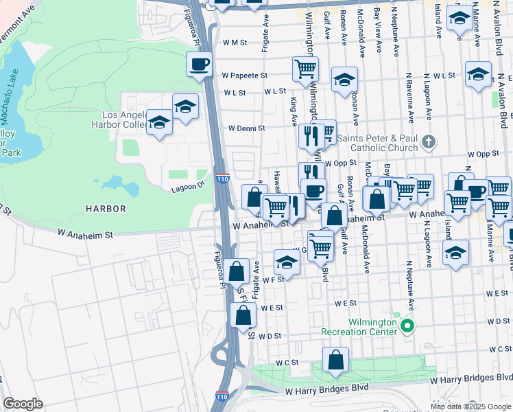 map of restaurants, bars, coffee shops, grocery stores, and more near 830 Frigate Avenue in Los Angeles
