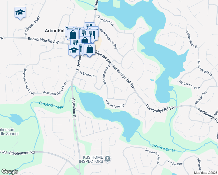 map of restaurants, bars, coffee shops, grocery stores, and more near 593 Lone Oak Drive in Lithonia