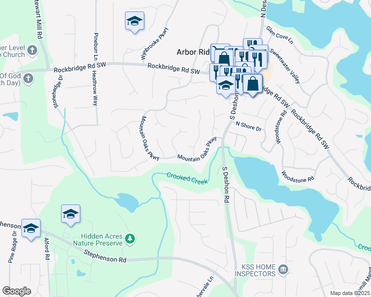 map of restaurants, bars, coffee shops, grocery stores, and more near 6895 Old Fox Trail in Stone Mountain