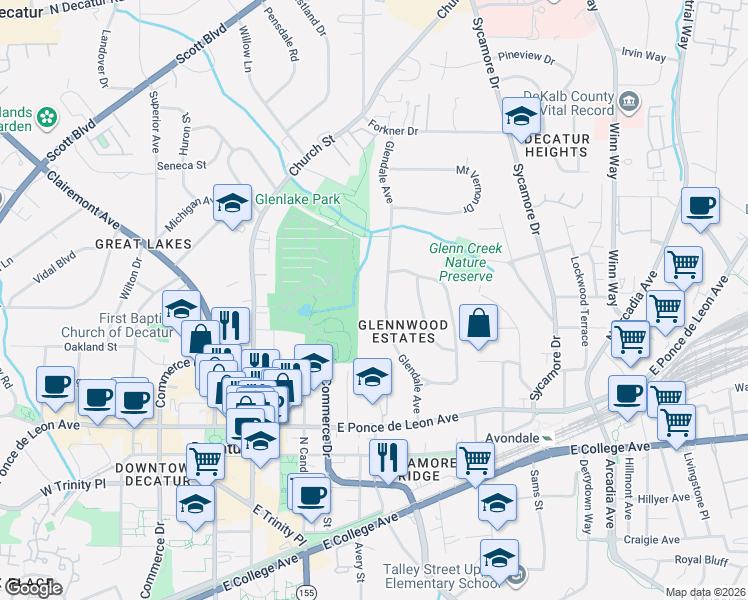 map of restaurants, bars, coffee shops, grocery stores, and more near 330 Glendale Avenue in Decatur