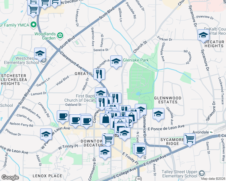 map of restaurants, bars, coffee shops, grocery stores, and more near 415 Clairemont Avenue in Decatur