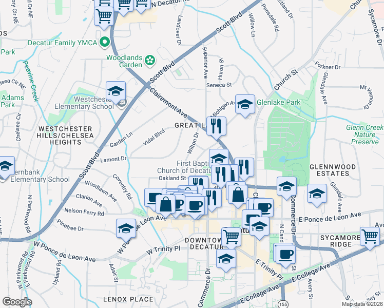map of restaurants, bars, coffee shops, grocery stores, and more near 526 Ponce De Leon Place in Decatur