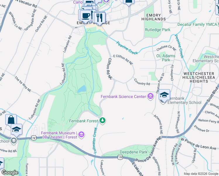 map of restaurants, bars, coffee shops, grocery stores, and more near 936 East Clifton Road Northeast in Atlanta