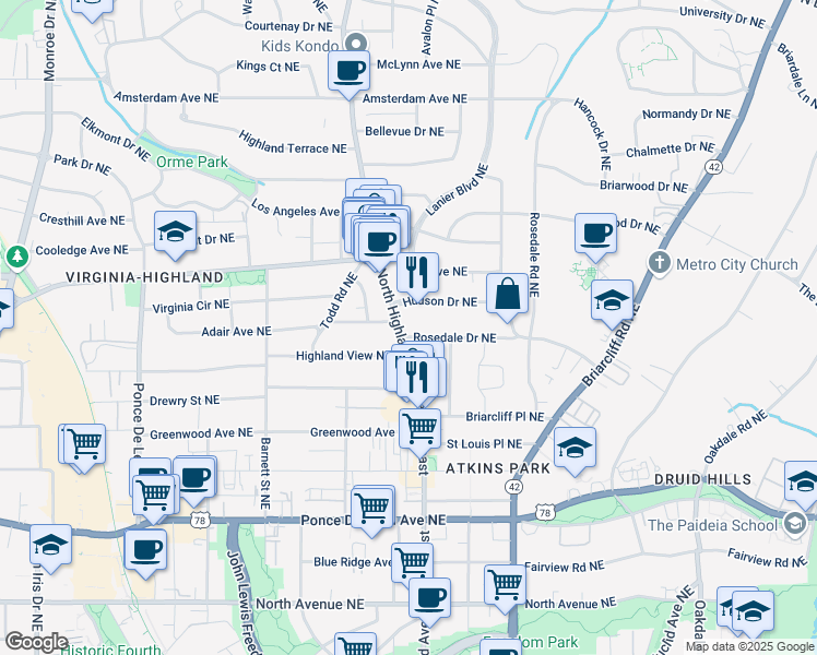 map of restaurants, bars, coffee shops, grocery stores, and more near 933 North Highland Avenue Northeast in Atlanta