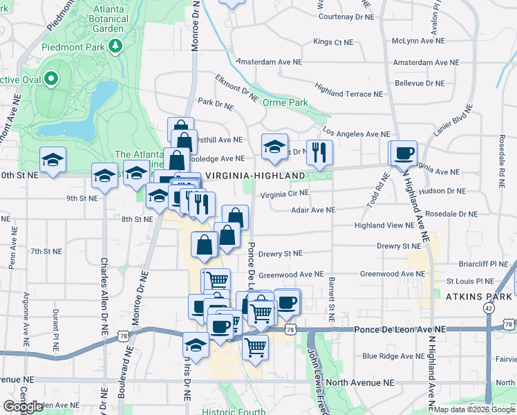 map of restaurants, bars, coffee shops, grocery stores, and more near 759 Adair Avenue Northeast in Atlanta
