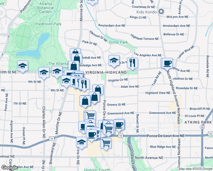 map of restaurants, bars, coffee shops, grocery stores, and more near 759 Adair Avenue Northeast in Atlanta