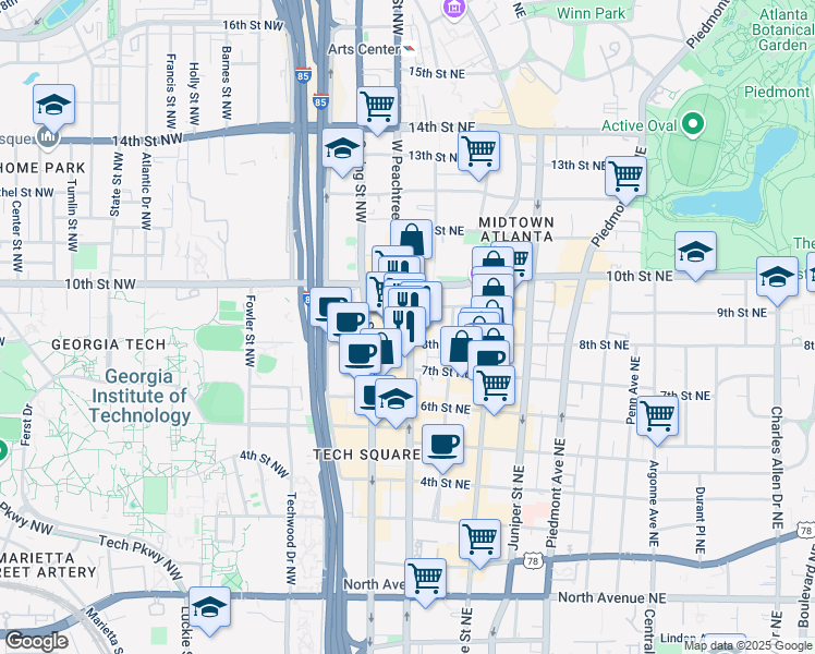 map of restaurants, bars, coffee shops, grocery stores, and more near in Atlanta