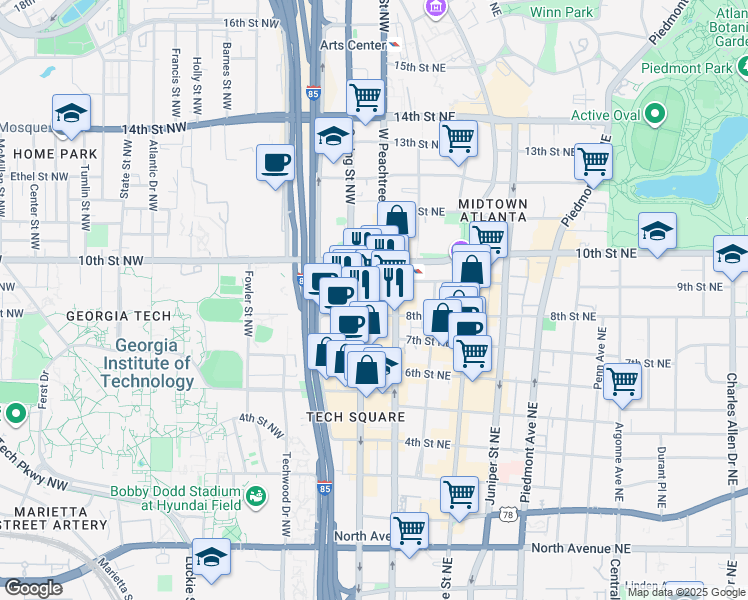 map of restaurants, bars, coffee shops, grocery stores, and more near 950 West Peachtree Street Northwest in Atlanta