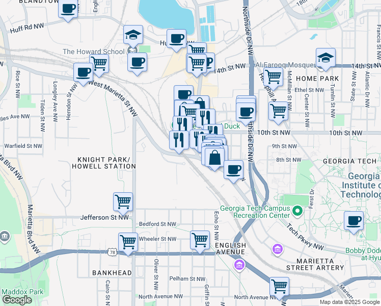 map of restaurants, bars, coffee shops, grocery stores, and more near 926 Brady Avenue Northwest in Atlanta