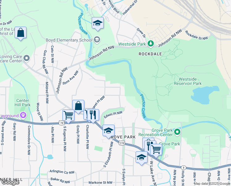 map of restaurants, bars, coffee shops, grocery stores, and more near 1801 Newman Place Northwest in Atlanta