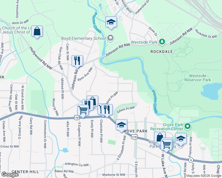 map of restaurants, bars, coffee shops, grocery stores, and more near 1891 Newman Place Northwest in Atlanta