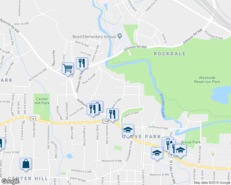 map of restaurants, bars, coffee shops, grocery stores, and more near 1911 Newman Place Northwest in Atlanta