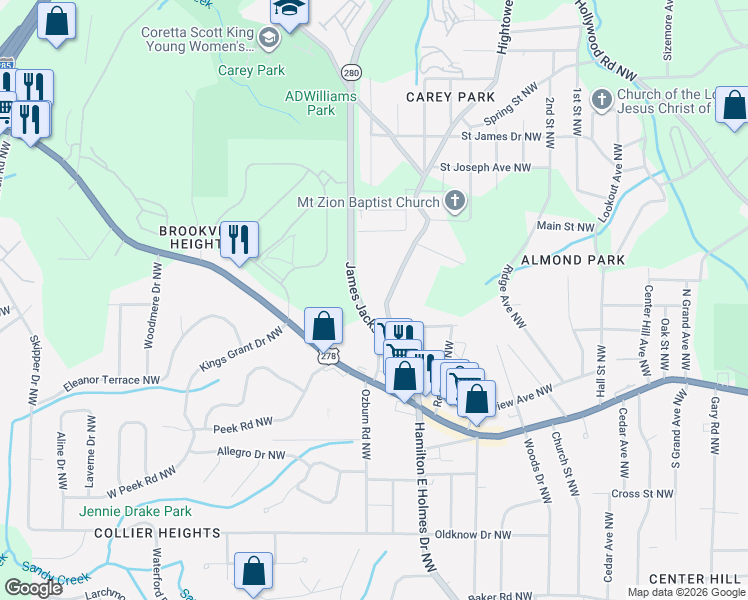 map of restaurants, bars, coffee shops, grocery stores, and more near 912 Hightower Road Northwest in Atlanta