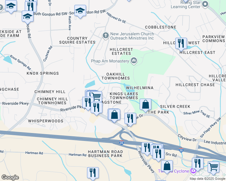 map of restaurants, bars, coffee shops, grocery stores, and more near 7178 Fringe Flower Drive in Austell