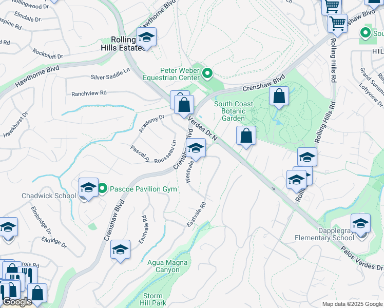 map of restaurants, bars, coffee shops, grocery stores, and more near 26705 Westvale Road in Rolling Hills
