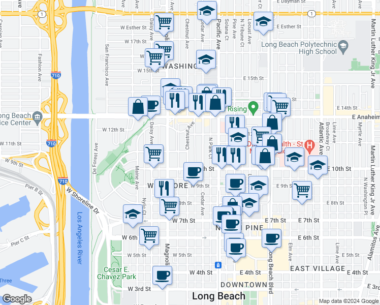 map of restaurants, bars, coffee shops, grocery stores, and more near 1062 Chestnut Avenue in Long Beach