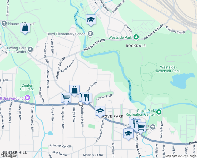 map of restaurants, bars, coffee shops, grocery stores, and more near 947 Margaret Place Northwest in Atlanta
