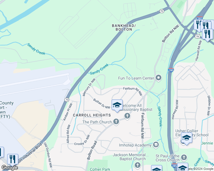 map of restaurants, bars, coffee shops, grocery stores, and more near 1092 Mercury Drive Northwest in Atlanta
