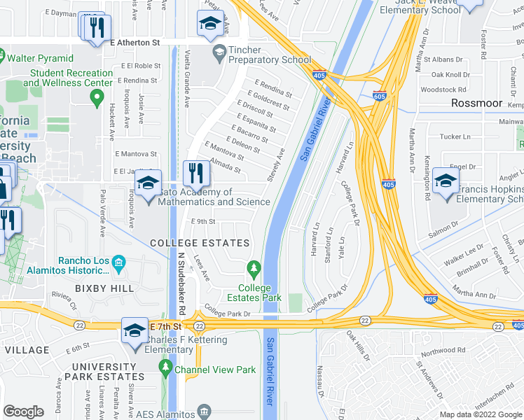 map of restaurants, bars, coffee shops, grocery stores, and more near 1000 Stevely Avenue in Long Beach