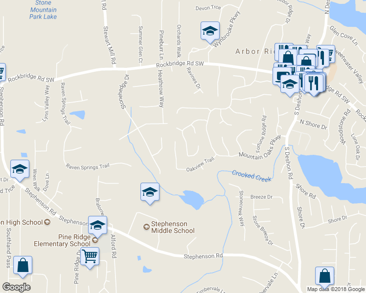 map of restaurants, bars, coffee shops, grocery stores, and more near 6702 Poplar Grove Way in Stone Mountain